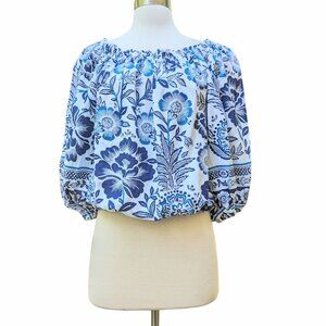 RACHEL ZOE Top Blouse Blue White Floral Off Shoulder Linen Rayon Summer SMALL